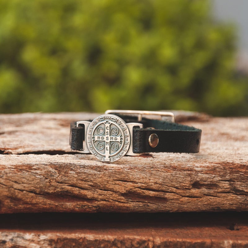 Intercession St Benedict Genuine Leather Protection Bracelet - Made in Brazil (Medium - Black) - Image 5